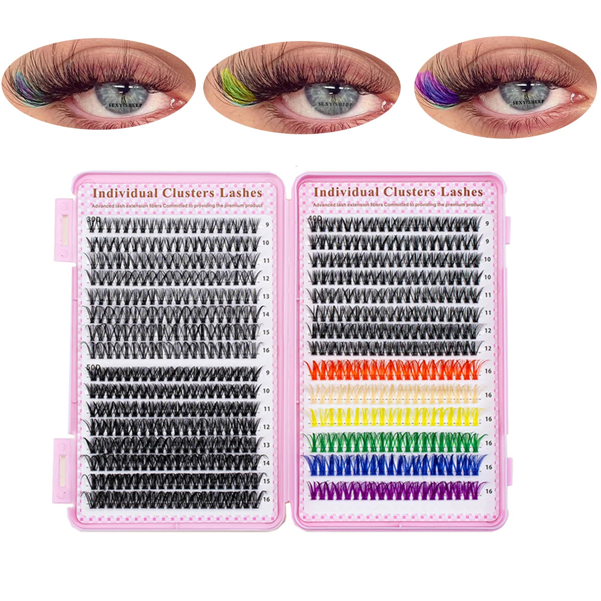 600pcs Colorful Lashes Cluster Eyelash Book Clusters Extensions, 9-16mm mix Individual Lash DIY at Home Makeup Tool