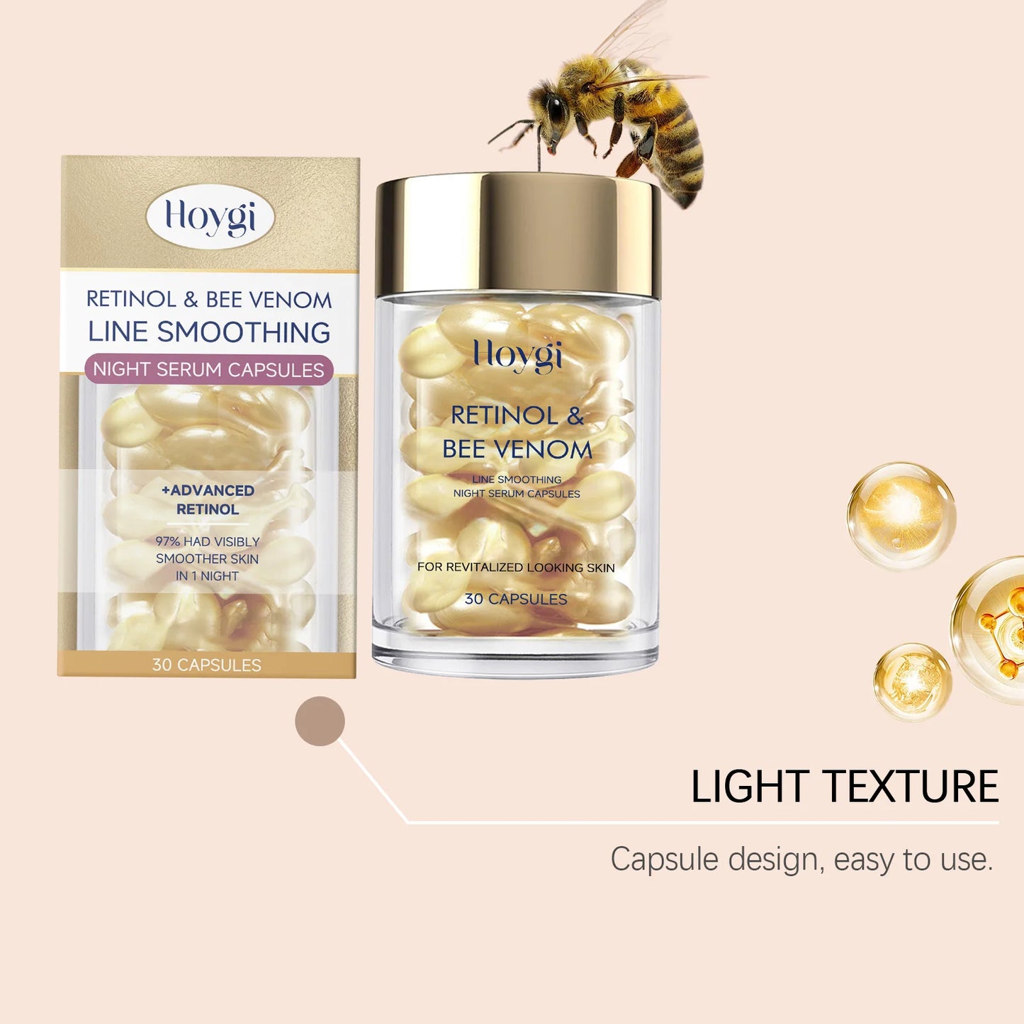 Hoygi Retinol Bee Venom Facial Capsules Gently Moisturize Facial Skin, Tighten and Improve Skin Quality, Moisturizing Capsules