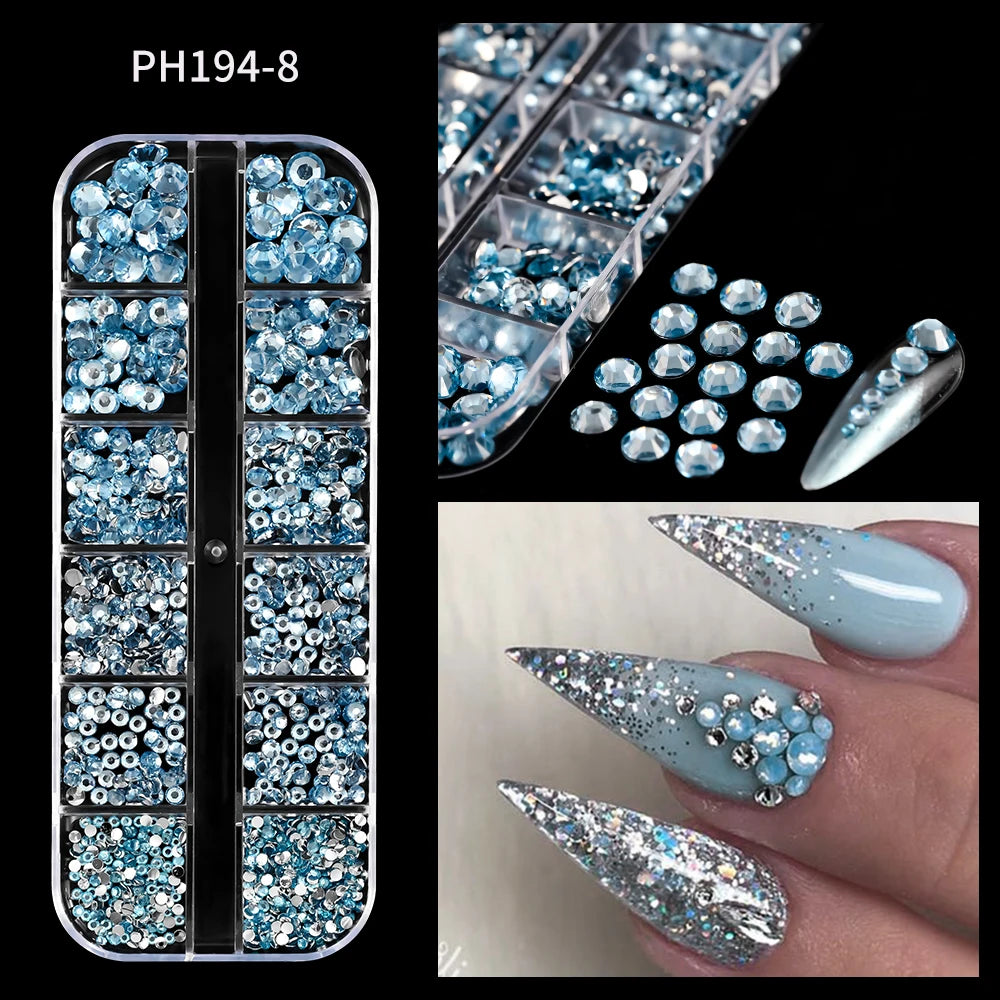 12Grids Mixed-Shape Crystal Nail Art Rhinestones Pink/Red Flatback Nail Gems Luxury Diamond Glass Stones Manicure Decoration