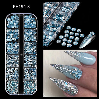 12Grids Mixed-Shape Crystal Nail Art Rhinestones Pink/Red Flatback Nail Gems Luxury Diamond Glass Stones Manicure Decoration