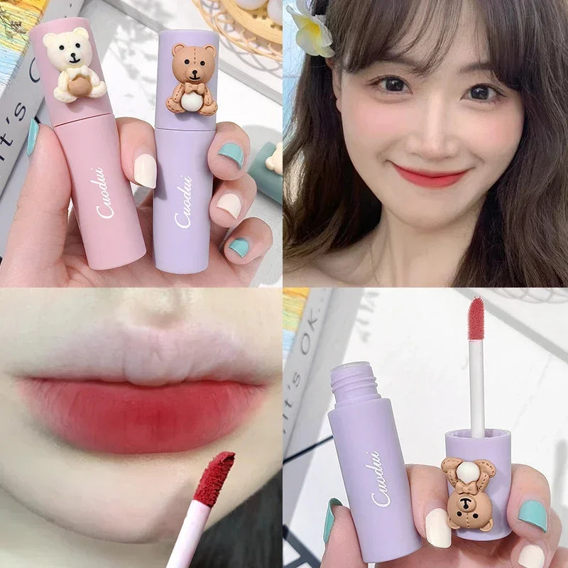 Girl's Velvet Matte Lipstick Blush Waterproof Long Lasting Cute Bear Lipgloss Non-Stick Cup Makeup Lip Tint Mud Cosmetic Makeup