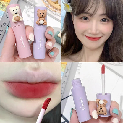 Girl's Velvet Matte Lipstick Blush Waterproof Long Lasting Cute Bear Lipgloss Non-Stick Cup Makeup Lip Tint Mud Cosmetic Makeup