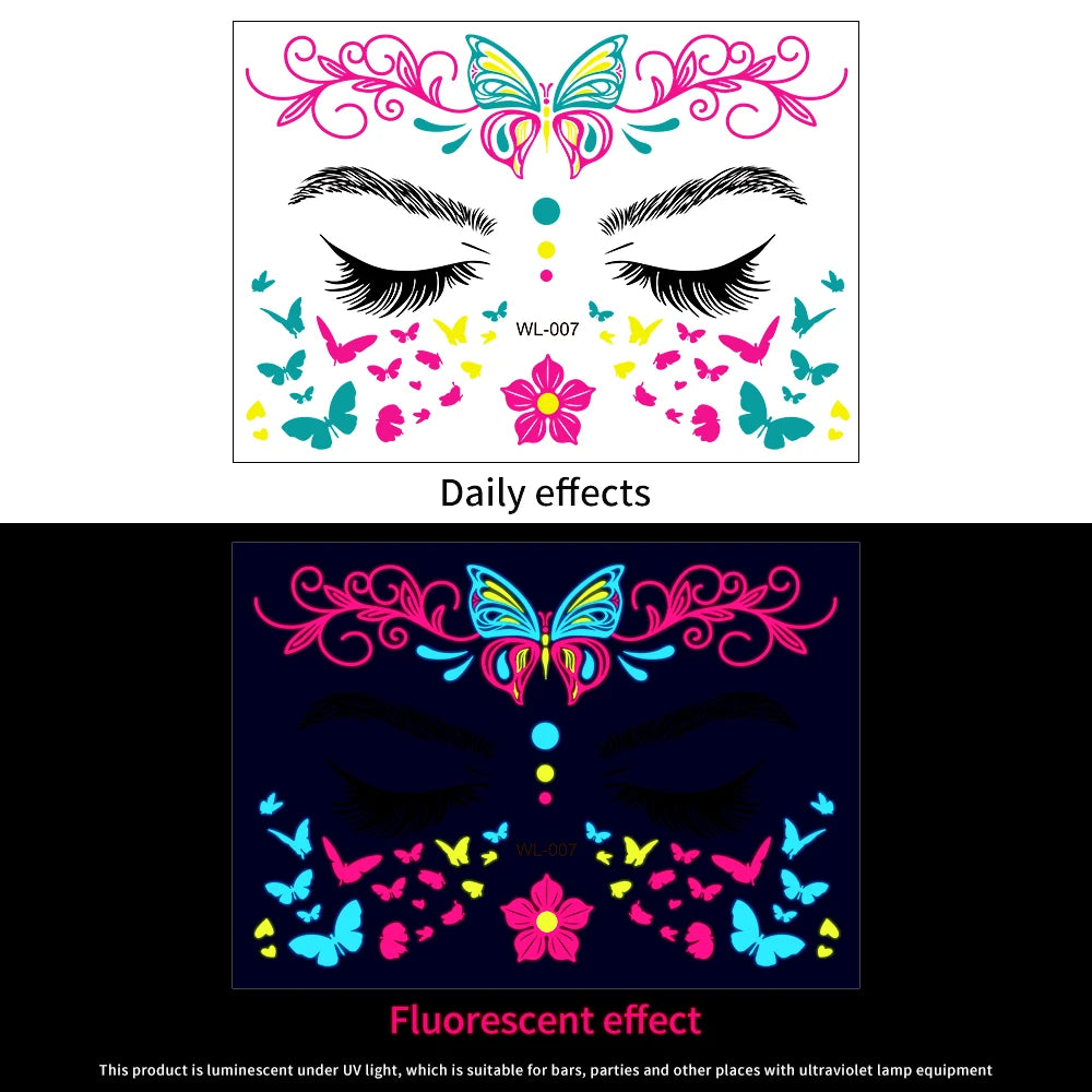 28Pcs Gold Glitter Powder Fluorescent Waterproof Face Tattoo 14x15cm Butterfly/Flowers Makeup Sticker DIY Party Neon Face Decal
