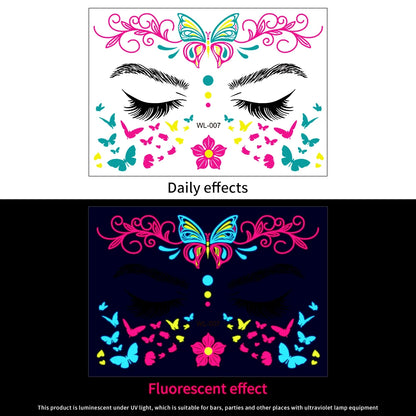 28Pcs Gold Glitter Powder Fluorescent Waterproof Face Tattoo 14x15cm Butterfly/Flowers Makeup Sticker DIY Party Neon Face Decal