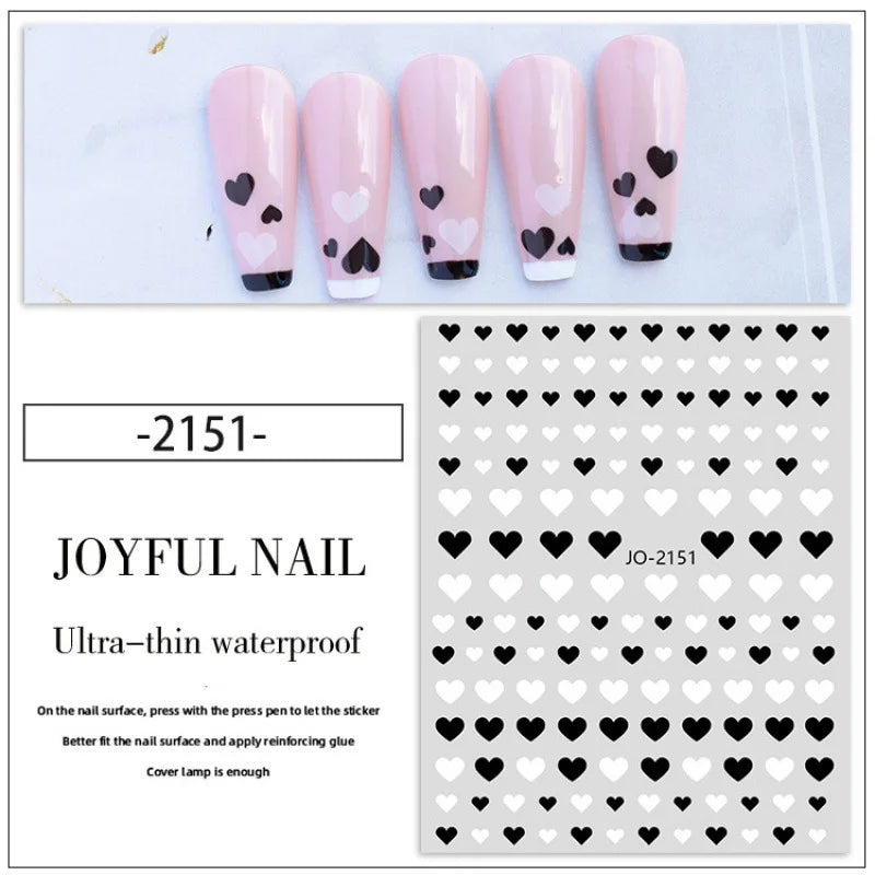 Nail Stickers 3D Love Heart Black White Love Valentine's Day Self-Adhesive Nail Art Decals for DIY Manicure Nail Decorations