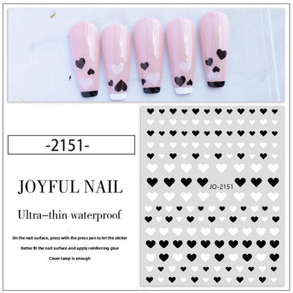 Nail Stickers 3D Love Heart Black White Love Valentine's Day Self-Adhesive Nail Art Decals for DIY Manicure Nail Decorations
