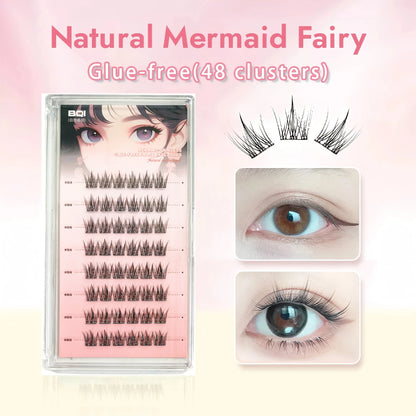 BQI Glue-free False Eyelashes, Fishtail Princess Lazy Eyelashes, Natural Transparent Stem, Reused 48 Clusters Large Capacity