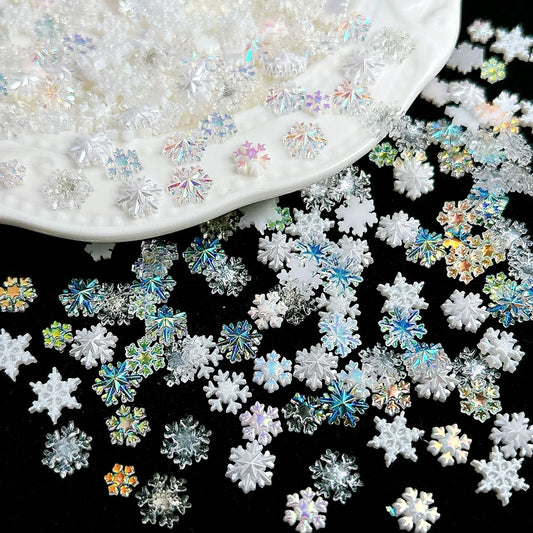 50Pcs White Snowflake Nail Charms Mix Colorful Gems Aurora Winter Snowflake Nail Rhinestones Flat Back  Xmas Manicure Supplies