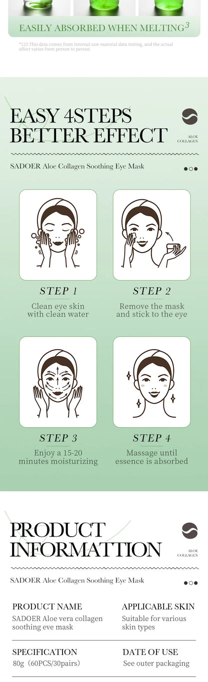 60pcs SAODER Aloe Vera Collagen Eye Mask Anti Dark Circles Eyes Bags Moisturizing Firming Eye Patches Eyes Skin Care Products