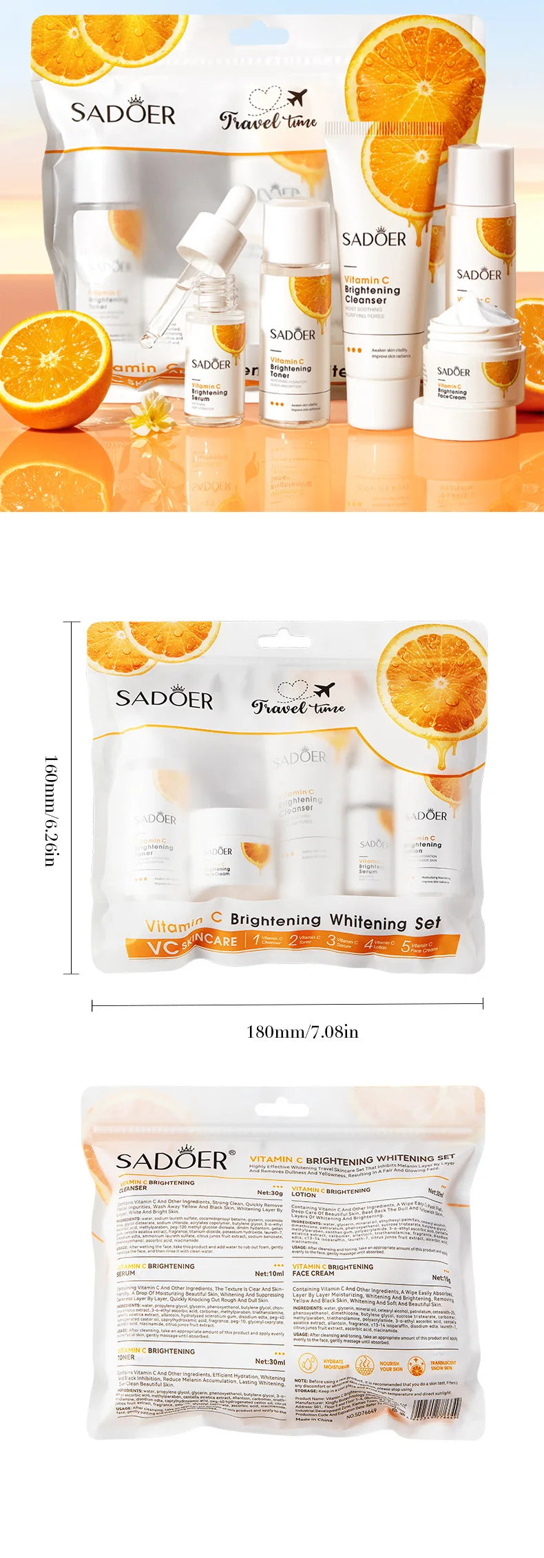 Orange Vitamin C Brightening Travel Kit 5-Piece – Hydrating Radiance-Boost Skincare Set for Fast Glow & Daily Moisture