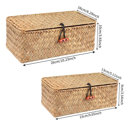 Storage Shelf Basket with Lid Rectangular Handmade Seagrass Rattan Woven Makeup Organizer Multipurpose Container Natural Box for