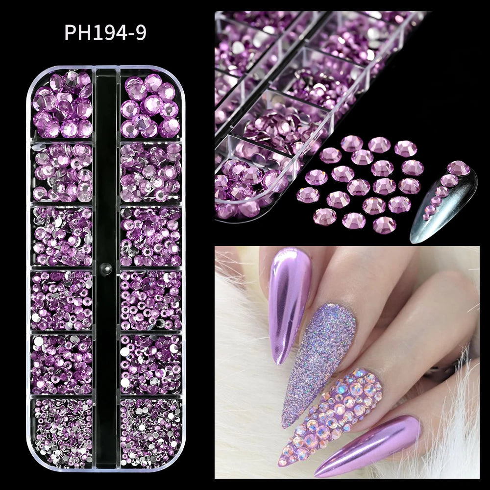 12Grids Mixed-Shape Crystal Nail Art Rhinestones Pink/Red Flatback Nail Gems Luxury Diamond Glass Stones Manicure Decoration