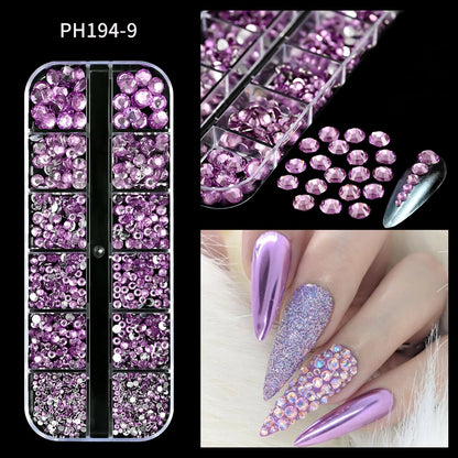 12Grids Mixed-Shape Crystal Nail Art Rhinestones Pink/Red Flatback Nail Gems Luxury Diamond Glass Stones Manicure Decoration