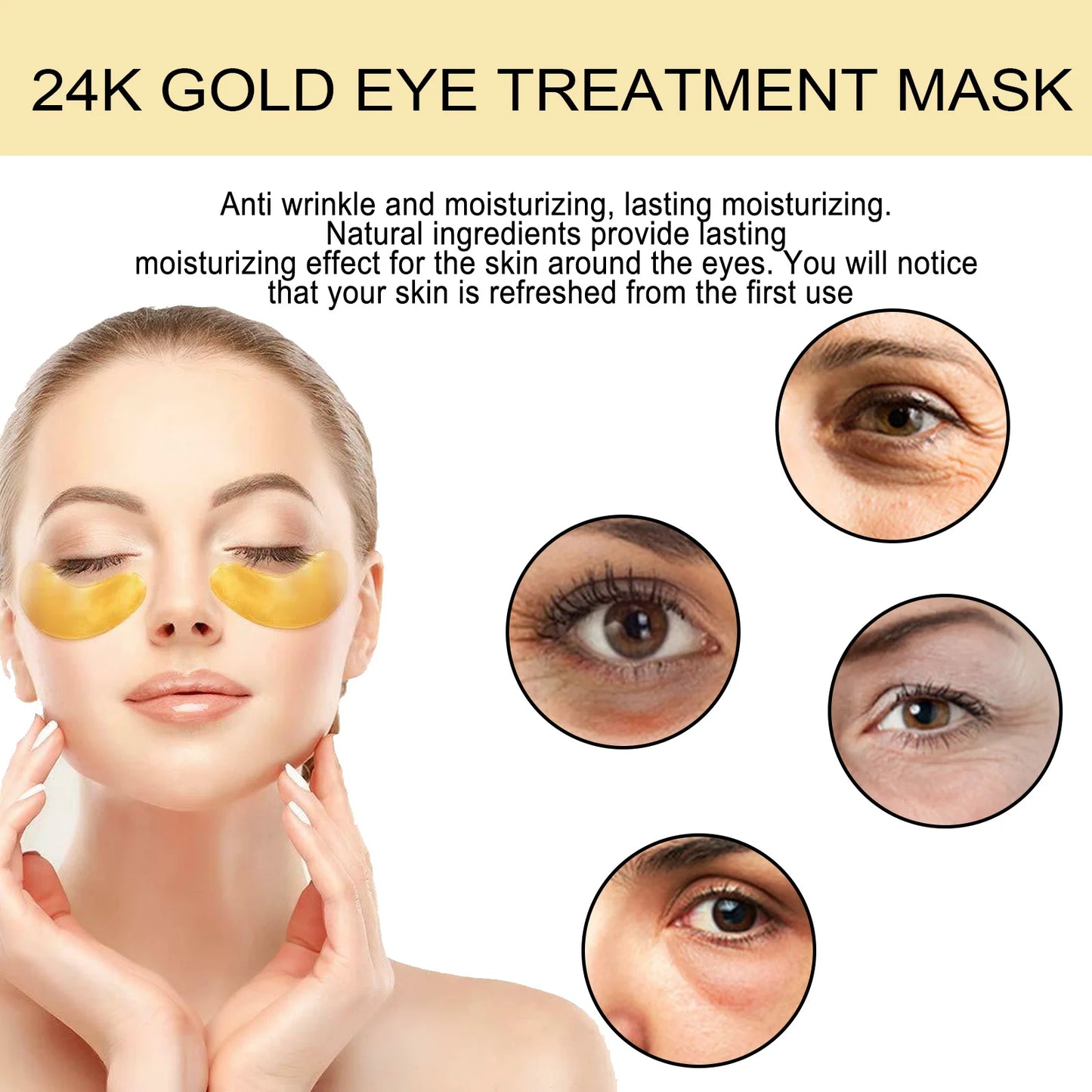 24K Gold Eye Treatment Mask Remove Dark Eye Circles Firming Fade Fine Lines Anti-Aging Hyaluronic Acid Collagen Under Eye Mask