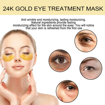 24K Gold Eye Treatment Mask Remove Dark Eye Circles Firming Fade Fine Lines Anti-Aging Hyaluronic Acid Collagen Under Eye Mask