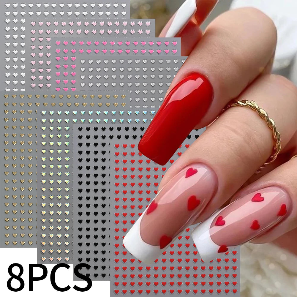 8pcs Valentine's Day Cute Little Love Heart Nail Art Stickers 3D 2mm Love Heart Nail Decal Adhesive for DIY Manicure Accessories