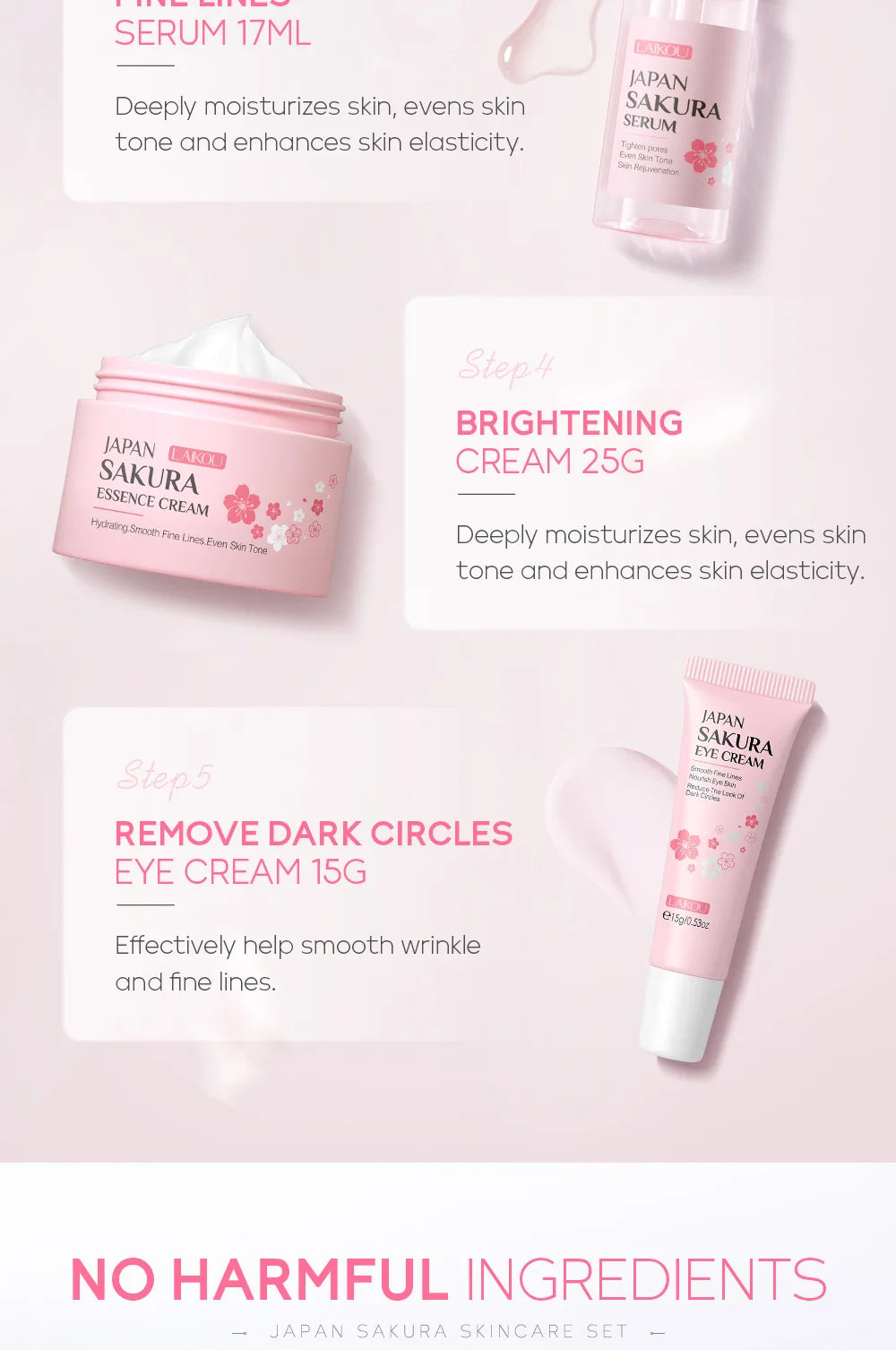 Face Skin Care Set Cleanser Sakura Essence Cream Moisturizing Toner Eye Cream Face Serum Improve Roughness & Dryness Skin Care