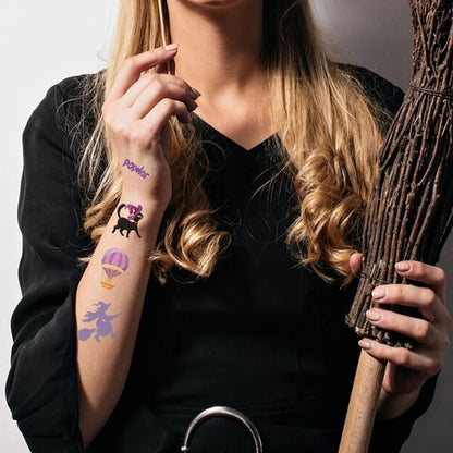 Magic witch temporary tattoo, removable funny makeup tattoo decorations, witch, magic broom, kitten, crown, magic pot.
