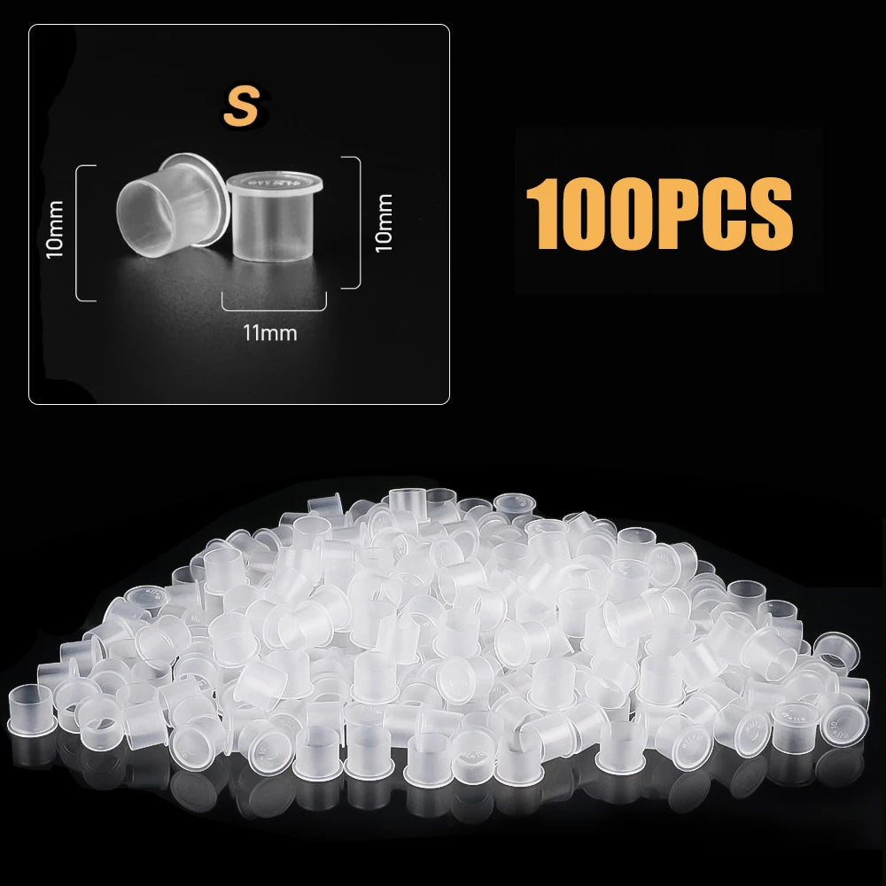 100Pcs Disposable Tattoo Ink Cups with Base - 4 Sizes Clear Plastic Pigment Caps for Tattoo Supplies PMU