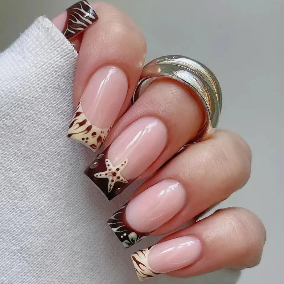24Pcs Mid-length Square Head Press on Fake Nails White French Flower Design False Nails Simple Detachable Full Cover Nails Tips