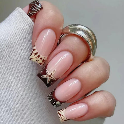 24Pcs Mid-length Square Head Press on Fake Nails White French Flower Design False Nails Simple Detachable Full Cover Nails Tips