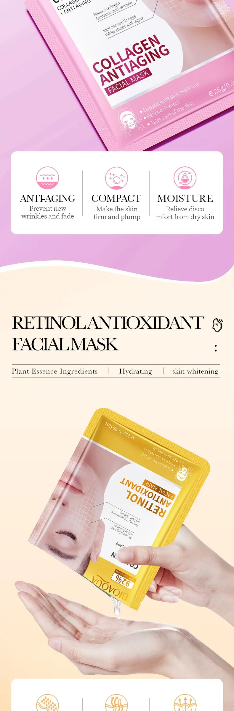 b 15pcs BIOAQUA Retinol Collagen Anti Wrinkle Facial Masks Moisturizing Anti-aging whitening Face Mask Facial Skin Care Products