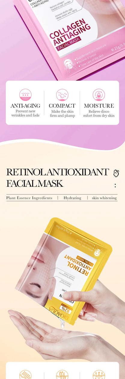 b 15pcs BIOAQUA Retinol Collagen Anti Wrinkle Facial Masks Moisturizing Anti-aging whitening Face Mask Facial Skin Care Products