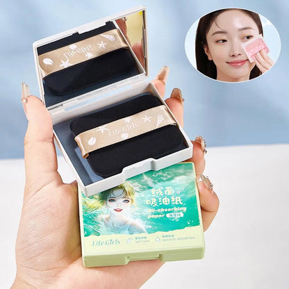 100pcs Matte Oil Blotting Papers with Powder Puff with  Case Mirror Portables Refreshing Facial Oil Blotting Sheets Paper Makeup