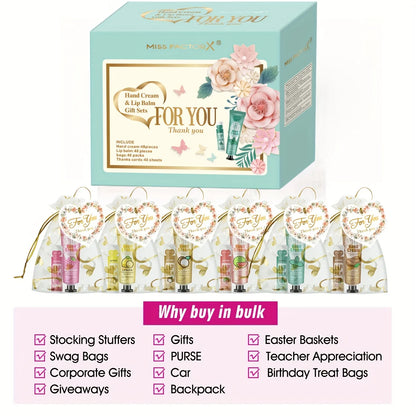 Gift set 48 sets/box, 12 kinds of scented lip balm and hand cream set with mesh bag and thank you card party gift