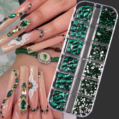 12Grids Mixed-Shape Crystal Nail Art Rhinestones Pink/Red Flatback Nail Gems Luxury Diamond Glass Stones Manicure Decoration