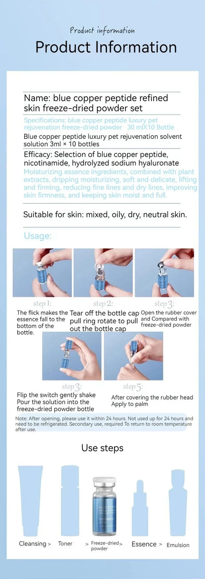 Blue Copper Peptide Freeze-Dried Powder Set Oligopeptide Anti Wrinkle Essence Shrink Pores Acne Treatment Skincare Serum