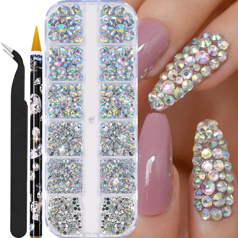 12Grids Mixed-Shape Crystal Nail Art Rhinestones Pink/Red Flatback Nail Gems Luxury Diamond Glass Stones Manicure Decoration