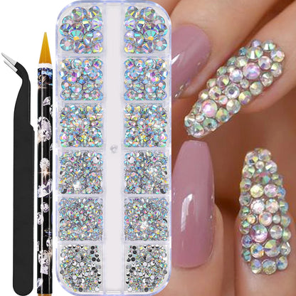 12Grids Mixed-Shape Crystal Nail Art Rhinestones Pink/Red Flatback Nail Gems Luxury Diamond Glass Stones Manicure Decoration