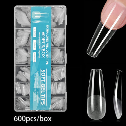120/240/330/600pcs Long, Glossy, Pure Color, Ballet/Square Shaped Soft Gel Nail Tips - Clear Coffin Acrylic False Nail Tips