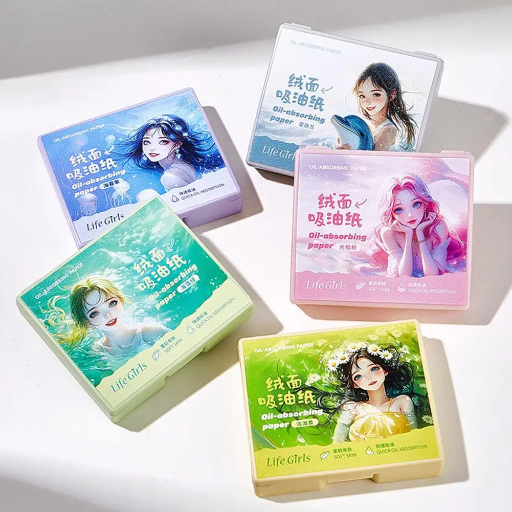 100pcs Matte Oil Blotting Papers with Powder Puff with  Case Mirror Portables Refreshing Facial Oil Blotting Sheets Paper Makeup
