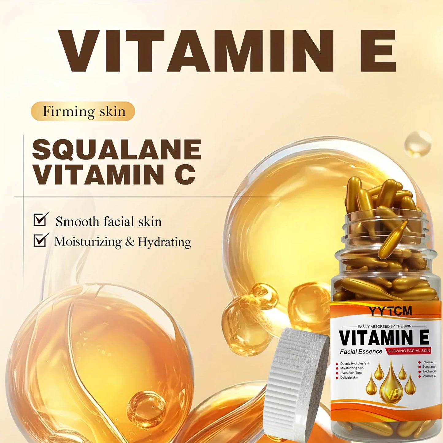 Vitamin E Deep Moisturizing Capsule Essence, Hydrates and Smoothes the Skin, Contains Plant-Based Squalane, Vitamin C, Deep Hydrating and Brightening Skin Essence (0.4g X 90 Capsules)/Bottle-1 Bottle