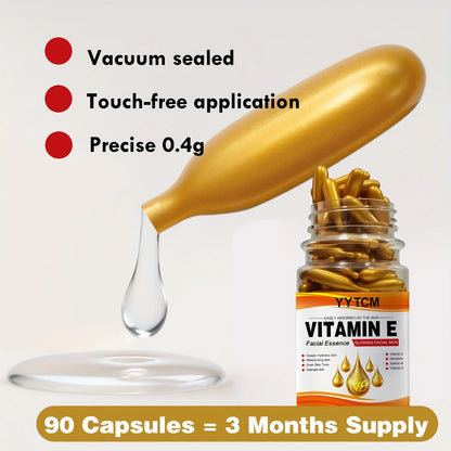 Vitamin E Deep Moisturizing Capsule Essence, Hydrates and Smoothes the Skin, Contains Plant-Based Squalane, Vitamin C, Deep Hydrating and Brightening Skin Essence (0.4g X 90 Capsules)/Bottle-1 Bottle