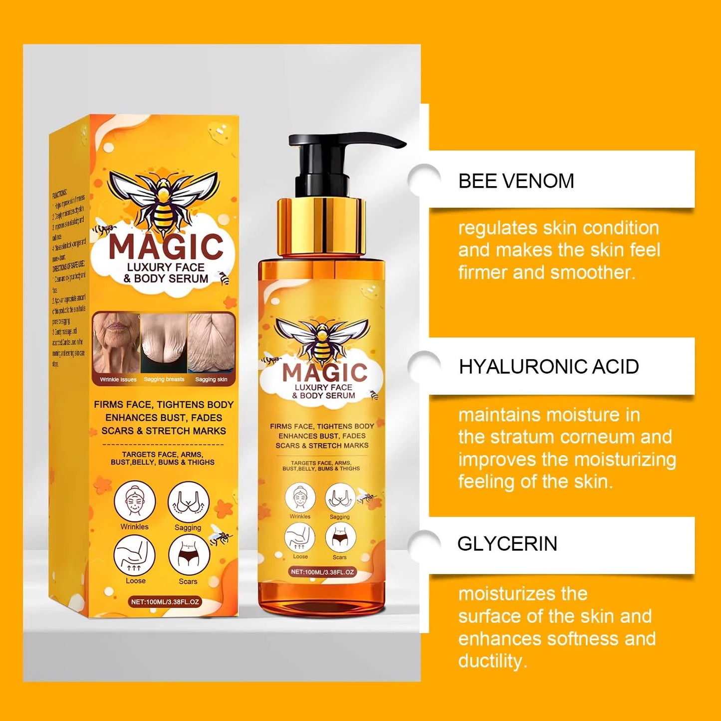 Bee Venom Face Body Serum Anti-Wrinkle Firming Essence Reduces Fine Lines Brightens Nourishing Smoothing Firming Massage Care