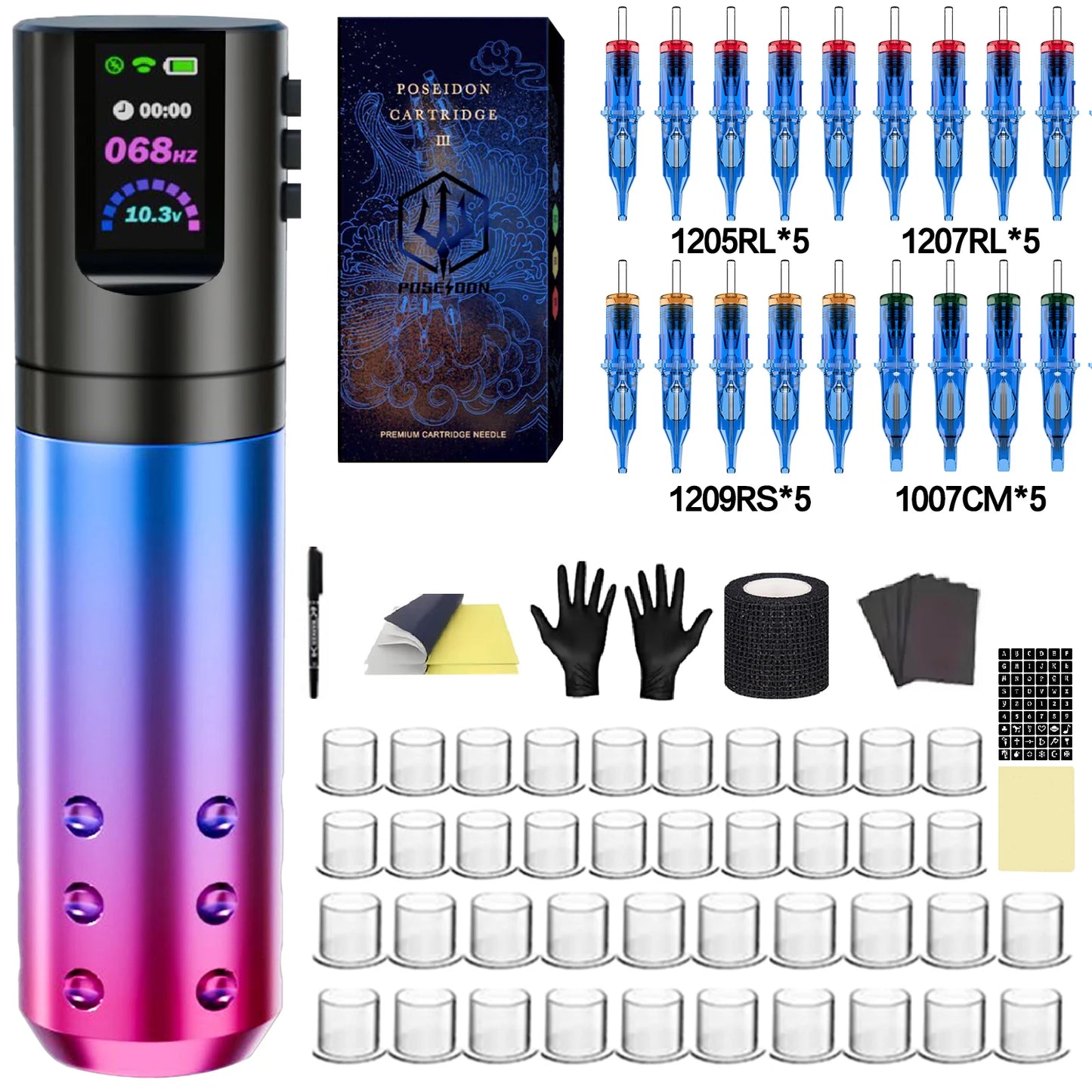 Tattoo Kit POSEIDON New Gradient Tattoo Pen Kit For Permanent Makeup Tattoo Machine Kit Wireless Tattoo Power Supply Tattoo Kit