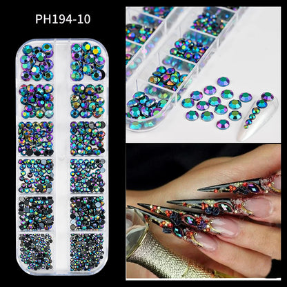 12Grids Mixed-Shape Crystal Nail Art Rhinestones Pink/Red Flatback Nail Gems Luxury Diamond Glass Stones Manicure Decoration