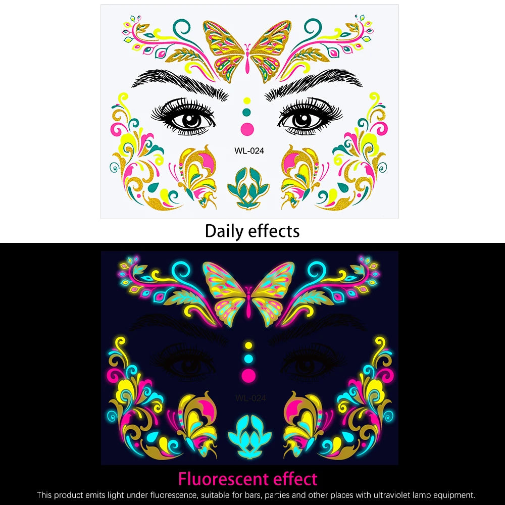 28Pcs Gold Glitter Powder Fluorescent Waterproof Face Tattoo 14x15cm Butterfly/Flowers Makeup Sticker DIY Party Neon Face Decal