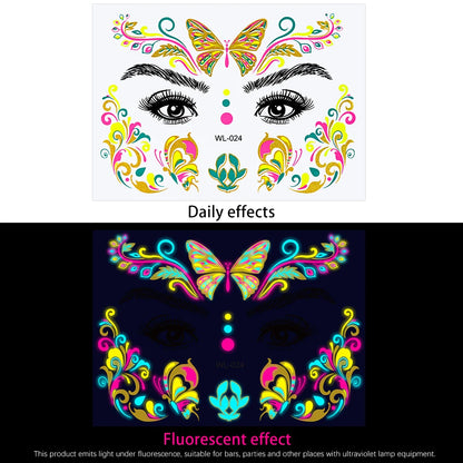 28Pcs Gold Glitter Powder Fluorescent Waterproof Face Tattoo 14x15cm Butterfly/Flowers Makeup Sticker DIY Party Neon Face Decal