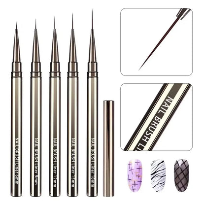 5PCS 6/9/12/15/18mm Nail Liner Brush Set Drawing Lines Stripe Painting Flower Pen Nail Art Manicure Metal Handle Brush Set
