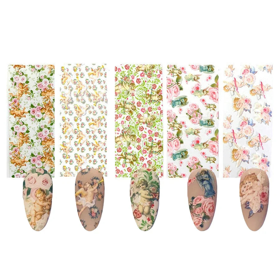 10Pcs Angel Nail Foil Stickers Starry Sky & Flower Nail Art Decals Sliders Wraps for DIY Nail Decoration