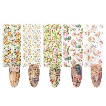 10Pcs Angel Nail Foil Stickers Starry Sky & Flower Nail Art Decals Sliders Wraps for DIY Nail Decoration