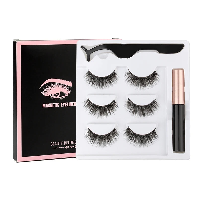 Hot 1/3Pairs Magnetic Eyelashes Soft False Lashes Repeated Use Mink Lashes Waterproof Liquid Eyeliner Tweezer Eyelash Makeup Set