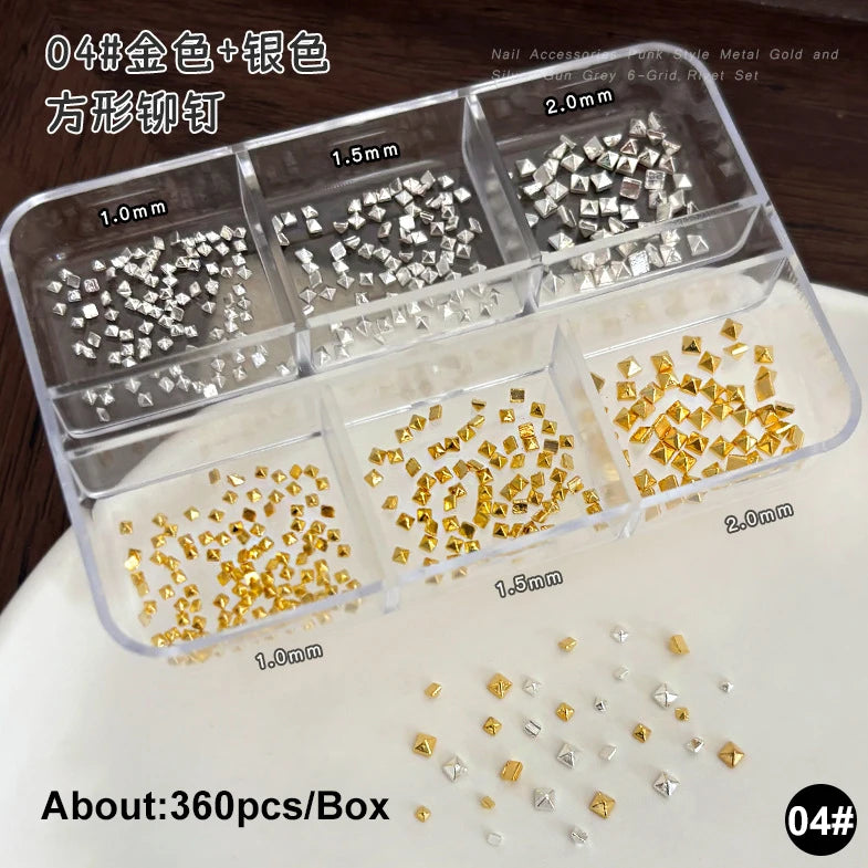 Gun Black Square Rivet Metal Round Ball Cone Alloy Fork Spoon Punk Stars Bowknot Pearl Nail Art Accessories Decorations Manicure
