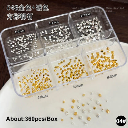 Gun Black Square Rivet Metal Round Ball Cone Alloy Fork Spoon Punk Stars Bowknot Pearl Nail Art Accessories Decorations Manicure