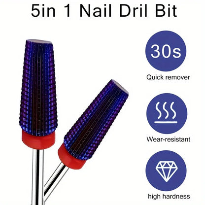 3/32" 5in1 Purple Professional Tungsten Carbide Nail Drill Bits, Unscented Tapered Milling Cutters for Gel Acrylic Removal