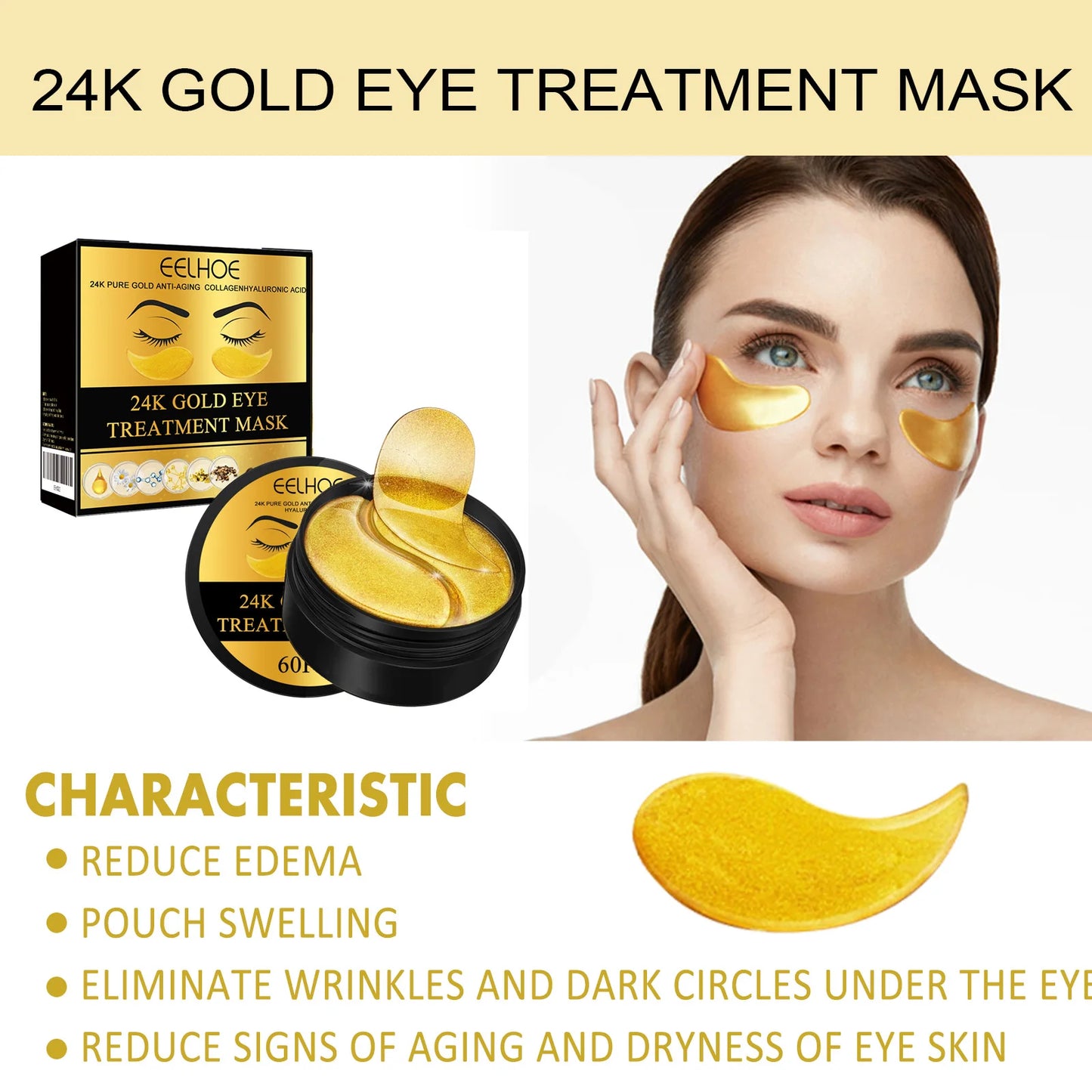 24K Gold Eye Treatment Mask Remove Dark Eye Circles Firming Fade Fine Lines Anti-Aging Hyaluronic Acid Collagen Under Eye Mask